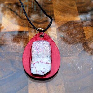 Bohemian necklace with a Zen figure made of wood and fused blue glass